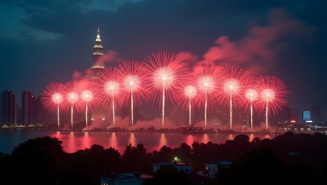 Malaysia Day Theme, Fireworks shaped as hibiscus flowers glowing in Malaysia skyline.