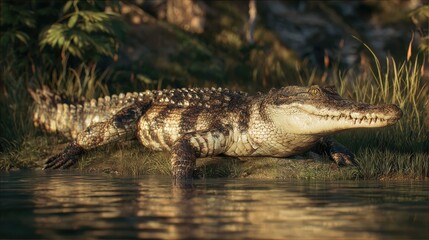 Fototapeta premium an alligator in a natural setting. the alligator is partially submerged in the water, with its back visible above the surface
