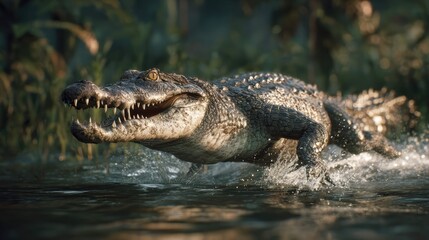 Obraz premium a large crocodile in motion through water, with its mouth open and creating a splash behind it. it's captured mid action, suggesting movement