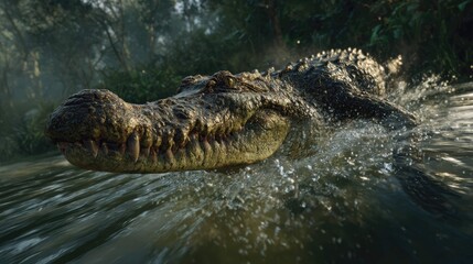 Fototapeta premium an intense moment in a game of crocodile tag. a large crocodile is seen swimming swiftly across a river, with the splash of water surrounding it as it moves towards its target