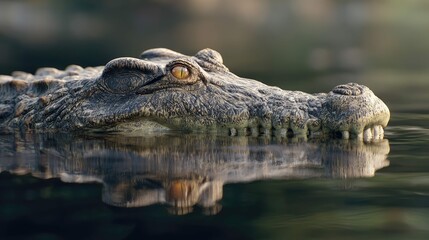 Obraz premium a large alligator with its mouth open, floating in still water, possibly a river or pond, with a glimpse of land in the background