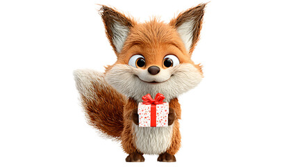Cute cartoon fox holding a gift box isolated on transparent background