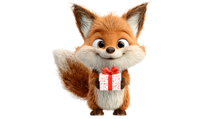Cute cartoon fox holding a gift box isolated on transparent background