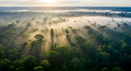 Aerial view of a misty forest canopy illuminated by golden sun rays breaking through the clouds at sunrise.