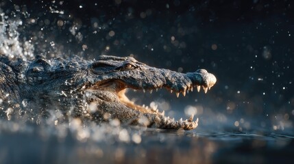 an alligatorator's mouth is open, revealing sharp teeth, within an aquatic environment with water droplets in motion against a blurred background