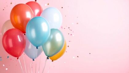 Colorful Balloons with Glitter on Pink Background for Party Celebration
