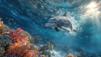 a lively underwater scene where a dolphin is swimming among coral formations. the dolphin appears to be in motion, with its body partially submerged in the water as it moves through the environment