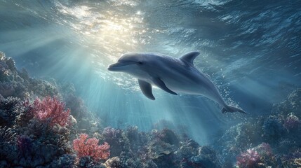 Obraz premium an underwater scene showcases a dolphin swimming near vibrant coral reefs. the marine life is set against a sunlit background filtering through the ocean surface