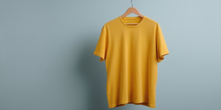 Plain yellow t-shirt on hanger against light blue background for fashion display