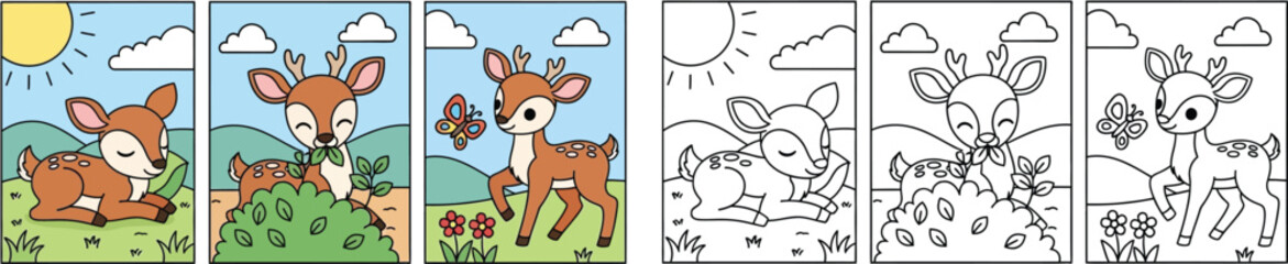 Cute Cartoon Deer with Butterfly and Nature Scenes - Adorable Fawn in Various Poses for Children's Books and Designs