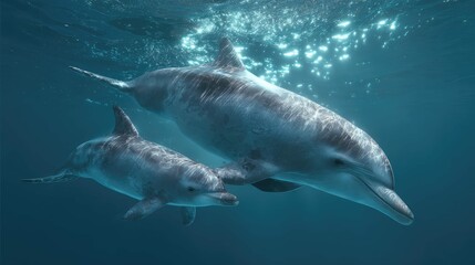 Fototapeta premium this is an underwater photograph capturing three dolphins in a blue ocean environment. two adult dolphins are swimming alongside each other while a calf swims nearby