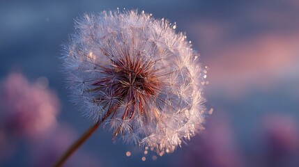 Close-up of a dandelion seed head with water droplets, soft background.