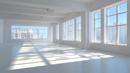 Fototapeta premium Sunlight floods a vast, empty office space, illuminating a polished concrete floor and stark white walls. Large, rectangular windows stretch across the back wall, offering a panoramic view 