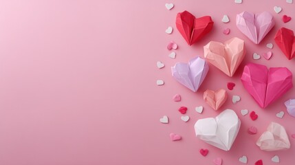 A pink background dominates the image, providing a soft and warm base. Scattered across the pink surface are several intricately folded paper hearts in varying shades of pink, red, and purple. 