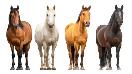 Obraz premium Four horses stand side-by-side on a horizontal white surface. The horses exhibit a range of colors including bay, white, palomino, and dark brown. They are posed in a formal, upright stance, 