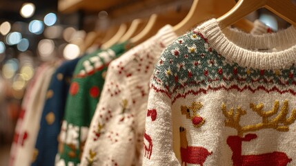 Fototapeta premium A warmly lit display showcases a collection of festive Christmas sweaters hanging on wooden racks. The sweaters are predominantly white and cream, adorned with intricate patterns featuring reindeer, 