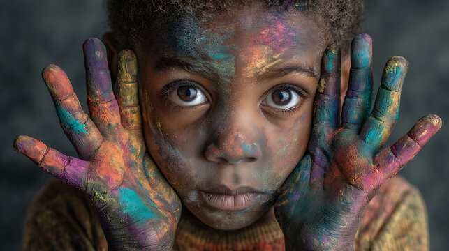 african american little child showing hands painted in front of wall with murals street art playful creativity learning fun imagination artistic activity talent growth development