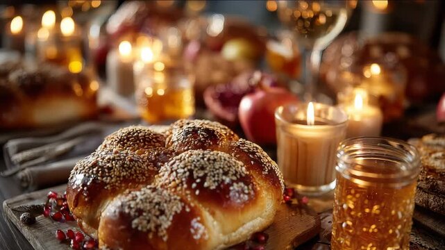 Freshly baked challah bread with sesame seeds on wooden board, surrounded by warm candlelight, apples, and honey jar, creating a cozy festive atmosphere for celebration	