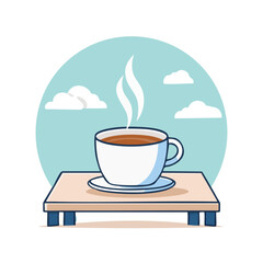 A steaming cup of hot coffee on a wooden stand, a simple illustration for a relaxing morning coffee break with a sky background
