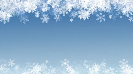 A serene winter scene features a gradient background transitioning from a deep black at the bottom to a bright, clear blue at the top. A delicate border of stylized snowflakes