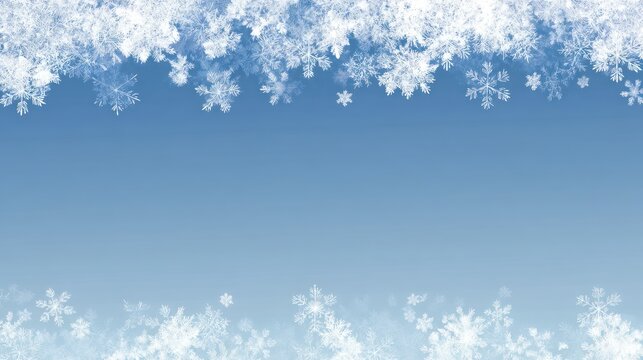 A serene winter scene features a gradient background transitioning from a deep black at the bottom to a bright, clear blue at the top. A delicate border of stylized snowflakes