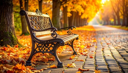 Vintage wrought iron bench on a cobblestone path in an autumn park with golden leaves scattered around