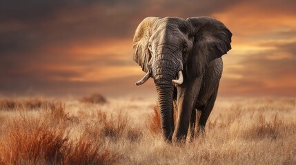 Obraz premium a majestic elephant standing alone in a vast grassland. the elephant, with its long trunk extended, appears to be walking towards the right side of the frame