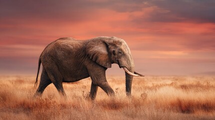 Obraz premium an elephant walking across a grassy field under a golden sky during either sunrise or sunset, creating a warm and inviting atmosphere