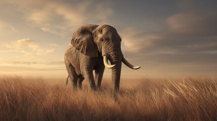 Fototapeta premium an elephant in a field, captured with a time lapse effect to show multiple positions of the elephant walking across the landscape