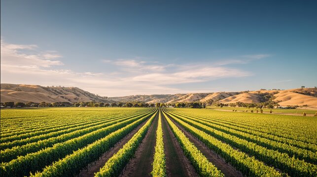 vineyard. Serene vineyard landscape with orderly grapevine rows under natural sunlight, evoking tranquility and growth. travel magazines.