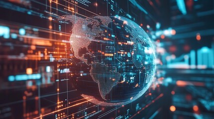 Obraz premium Futuristic digital earth hologram with data streams and circuit patterns, representing global network, technology, and artificial intelligence