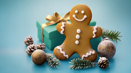 New Year decor gingerbread man Christmas cookie gift box on a blue background, text "Merry Christmas". 3D rendering New Year, copy space, banner, greeting, mockup