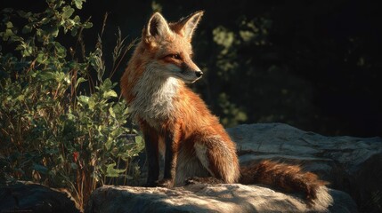 a moment in a forest where a fox is sitting attentively on a rock