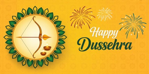 Happy dussehra festival bow and arrow with fireworks isolated on yellow background