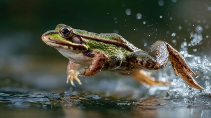 Obraz premium a dynamic scene of a frog in mid leap over water, with droplets spraying around it as it runs along what appears to be a streambed