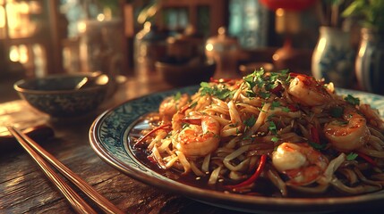 A close-up shot of a delicious plate of shrimp lo mein noodles, garnished with fresh herbs, served on a wooden table with chopsticks.