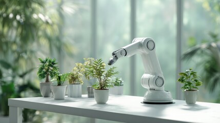 Robotic Arm Tending Small Potted Plants on Clean Desk