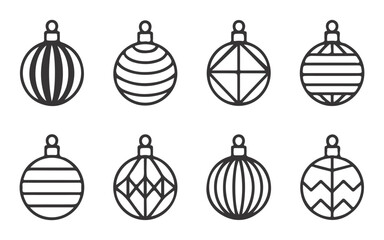 Set of Eight Monochrome Christmas Ornament Icons: Festive, Simple, and Elegant Holiday Design Elements.