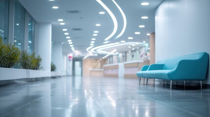 A brightly lit hospital hallway stretches into the distance, creating a sense of depth and spaciousness. The hallway features a polished tile floor reflecting the ambient light. A curved,