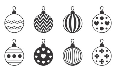 Set of Eight Monochrome Christmas Ornament Icons:  Simple, Festive, and Elegant Design.