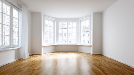 Fototapeta premium A bright, minimalist room features a large, arched bay window dominating one wall. The window is filled with multiple white-framed panes, reflecting a cityscape outside. 