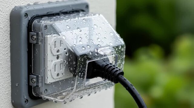 Detailed view of weatherproof GFCI outlet cover protecting outdoor electrical connections from rain and environmental damage.