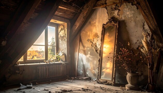 Sunlit attic room with antique mirror - Powered by Adobe