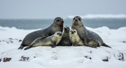 Fototapeta premium Five seals are huddled together on a snowy surface in an outdoor environment possibly during winter