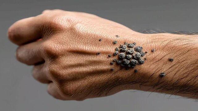 Macro medical photography of clustered warts on human hand caused by human papillomavirus