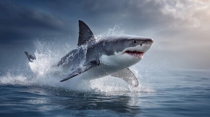 Fototapeta premium an intense moment of a shark in action, leaping out of the water to catch its prey. it's a dynamic snapshot of a powerful marine predator displaying its swiftness and agility underwater