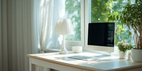 A bright, inviting workspace is bathed in natural light streaming through a window. A white desk holds a sleek, silver iMac computer, a notepad, and a small vase with a flowering plant. 