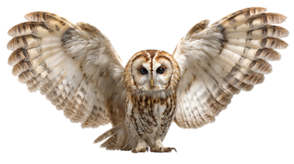 Tawny owl with wings spread isolated on transparent background