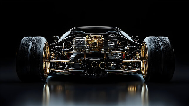 Intricate design of retro sports car with exposed engine and enhanced detailing