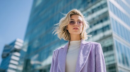 Stylish woman in lavender coat against modern city skyline